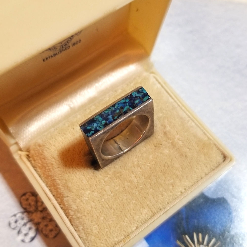 VTG TAXCO designer signed Square Crushed Turquoise Band Ring - Picture 7 of 8